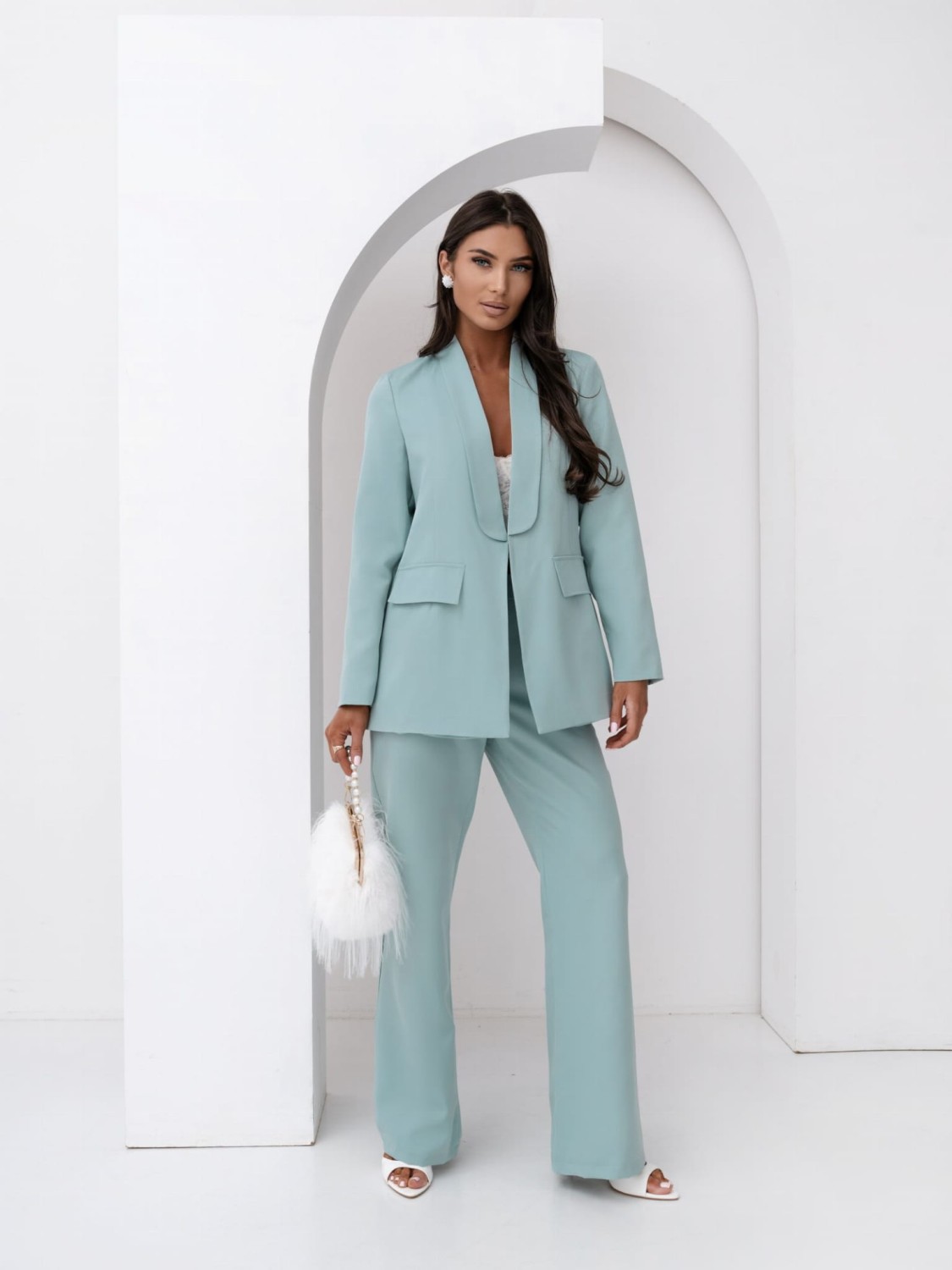 Garnitur komplet damski szerokie spodnie + marynarka z pasem szałwia Moon