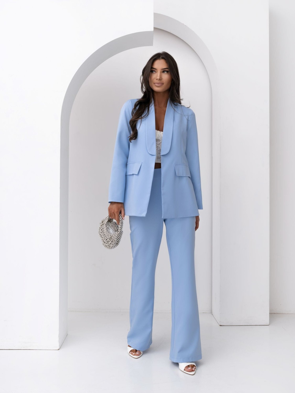 Garnitur komplet damski szerokie spodnie + marynarka z pasem szałwia Moon