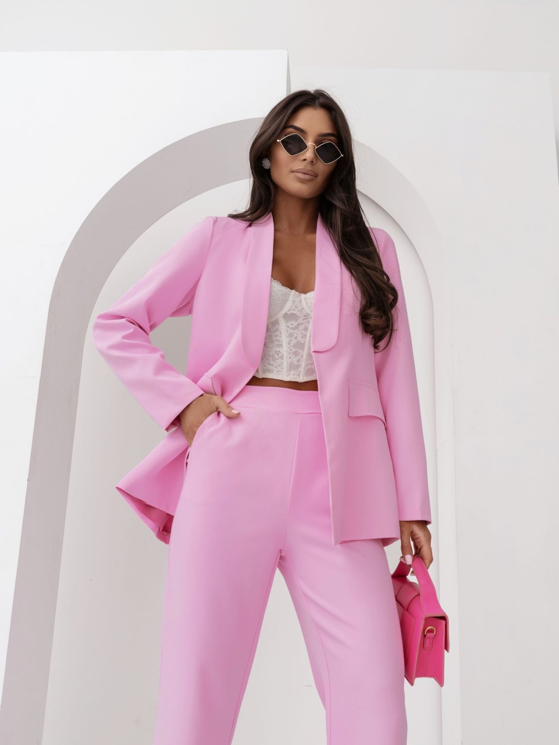 Garnitur komplet damski szerokie spodnie + marynarka z pasem szałwia Moon