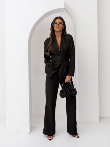 Garnitur komplet damski szerokie spodnie + marynarka z pasem czarny Moon  