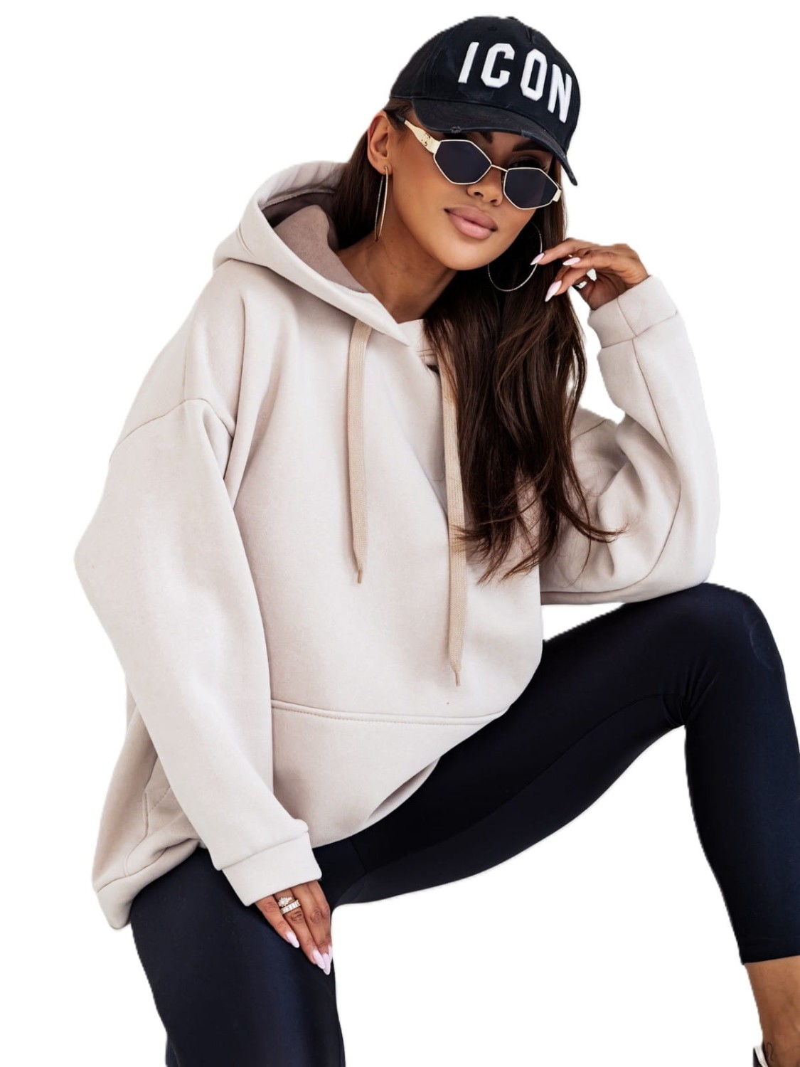 Bluza damska z kapturem oversize ocieplana beżowa Moon