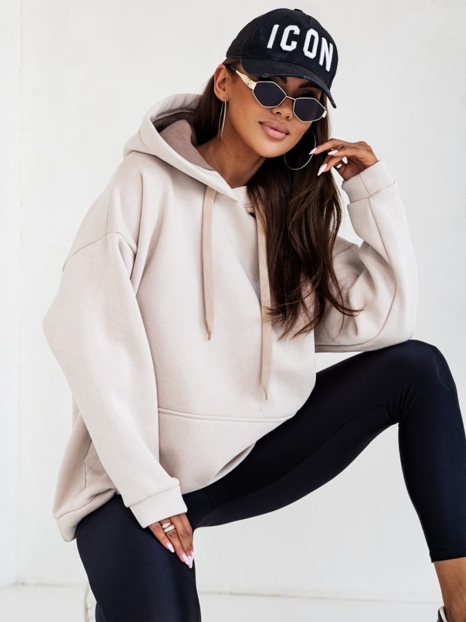 Bluza damska z kapturem oversize ocieplana beżowa Moon
