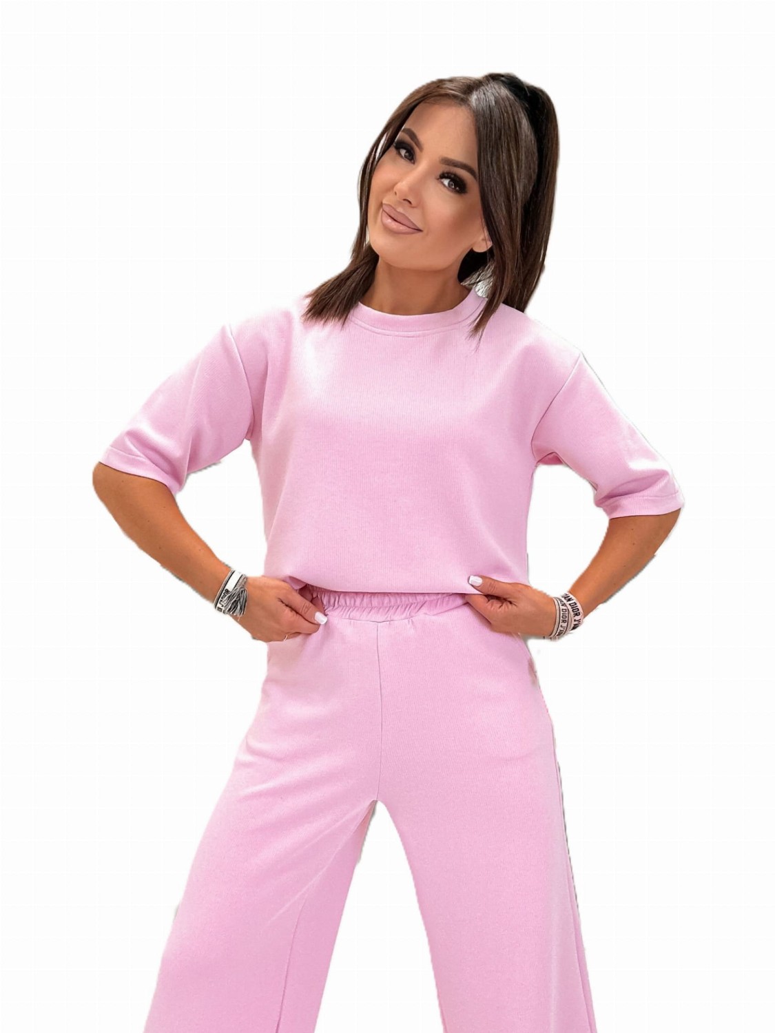 KOMPLET DAMSKI SZEROKIE SPODNIE I BLUZKA RÓŻOWY MOON 821170