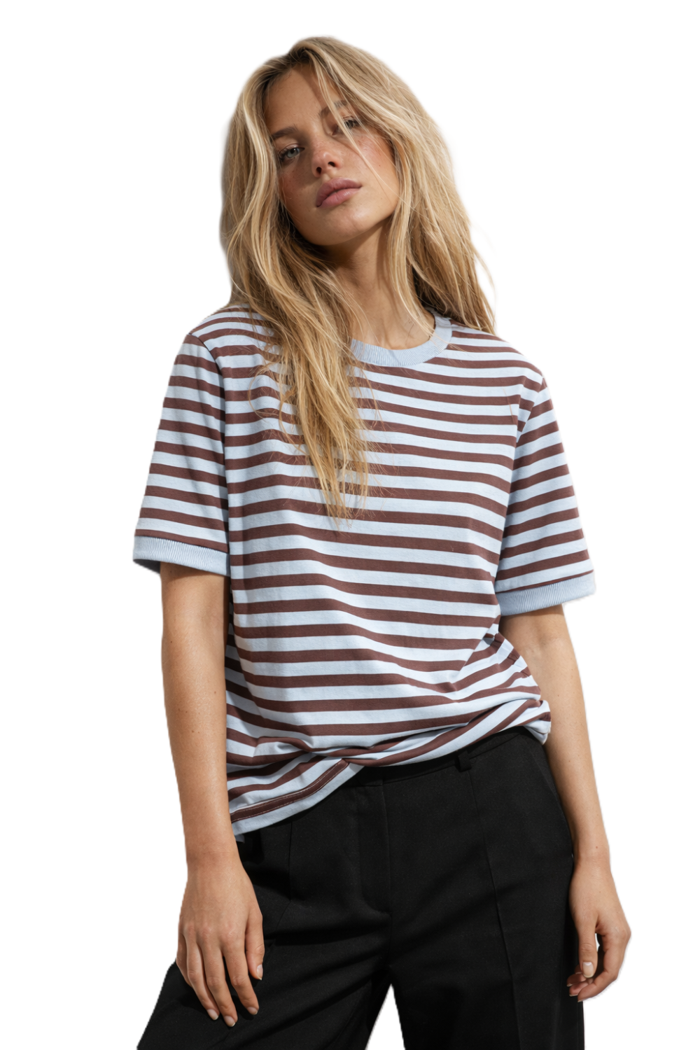 T-SHIRT DAMSKI W PASKI BRAZOWO-NIEBIESKIE BOPOCO