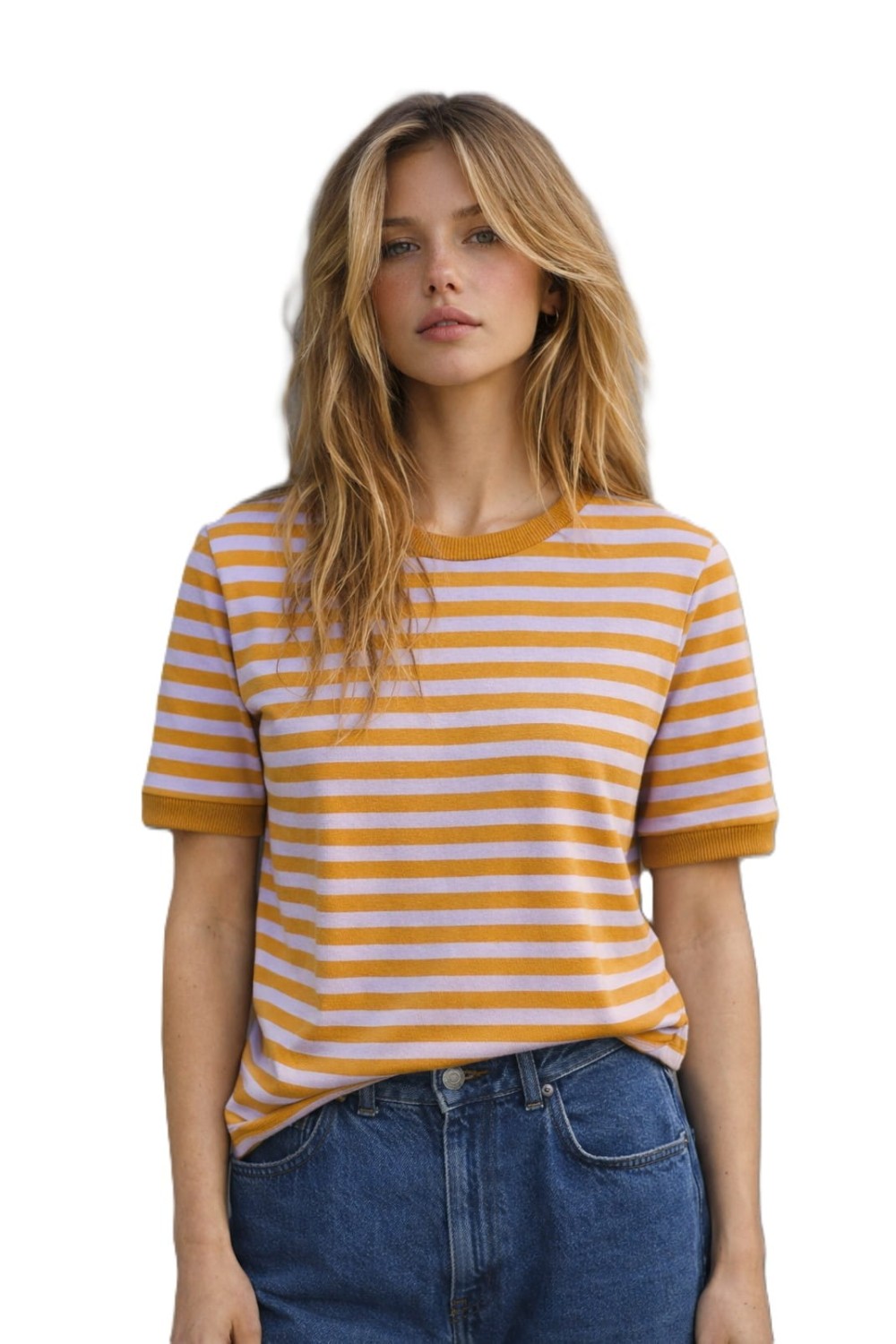 t-shirt damski w paski miodowo-liliowe Bopoco