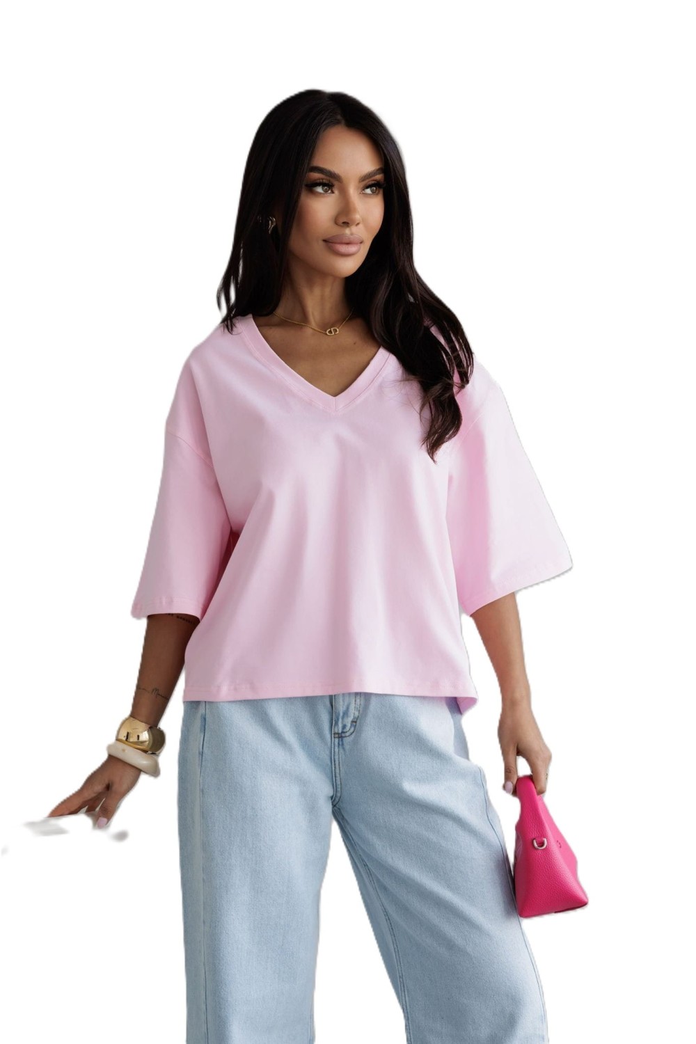 T-SHIRT DAMSKI Z DEKOLTEM V RÓŻOWY ME GUSTA