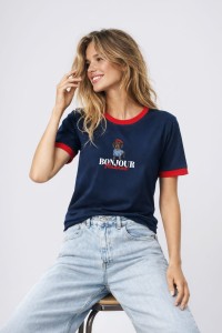 T-shirt damski bonjour z lamówką granatowy czerwony Bopoco      