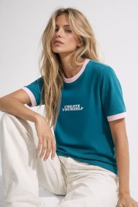 T-shirt damski create yourself z lamówką petrolowy różowy Bopoco     