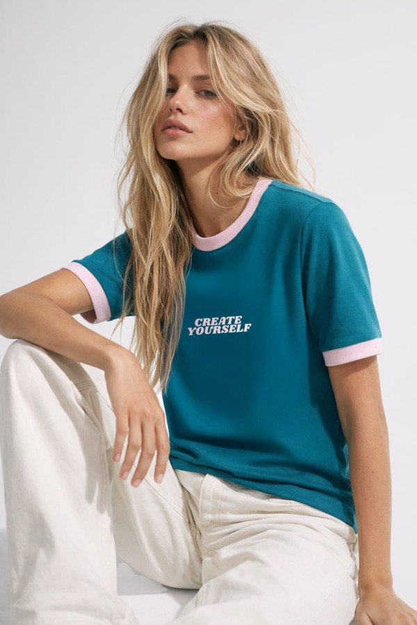 T-SHIRT DAMSKI CREATE YOURSELF Z LAMÓWKĄ PETROLOWY RÓŻOWY BOPOCO