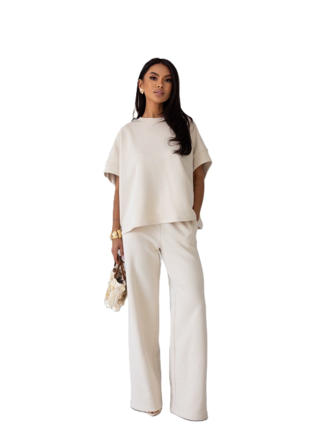 KOMPLET DRESOWY DRES DAMSKI SPODNIE Z SZEROKĄ NOGAWKĄ I LUŹNA BLUZKA BEŻOWY ME GUSTA