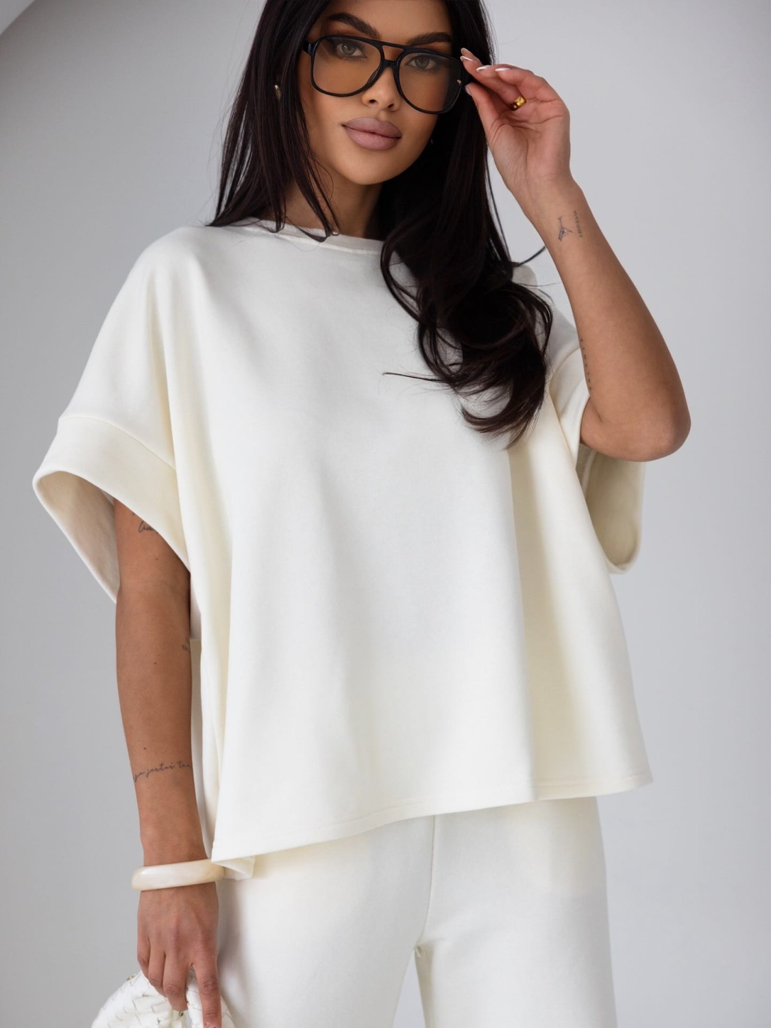 KOMPLET DRES DAMSKI SZEROKIE SPODNIE I LUŹNA BLUZKA ECRU ME GUSTA