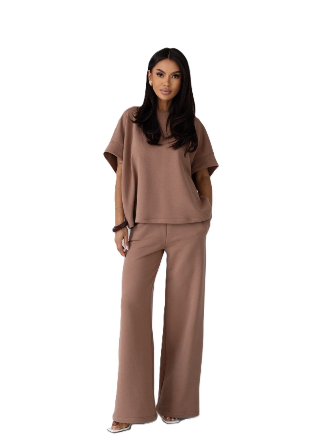 KOMPLET DRESOWY DRES DAMSKI SZEROKIE SPODNIE I  LUŹNA BLUZKA KARMEL ME GUSTA