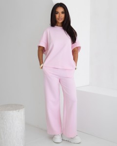Komplet dres damski szerokie spodnie i luźna bluzka różowy Gusta       