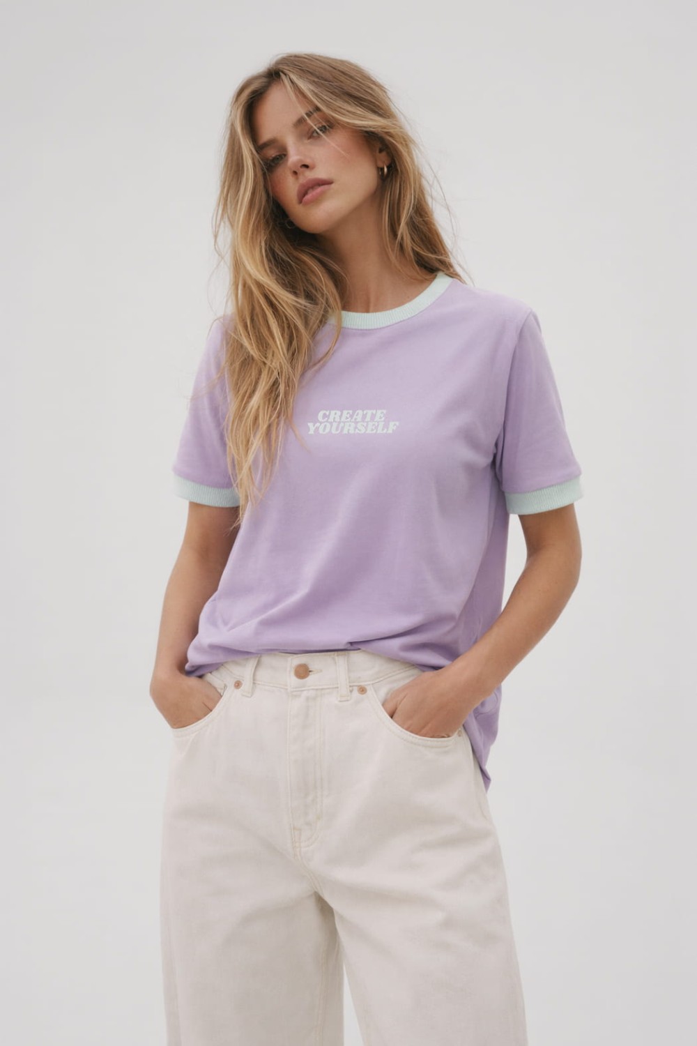 T-SHIRT DAMSKI CREATE YOURSELF Z LAMÓWKĄ LILIOWY MIĘTOWY BOPOCO