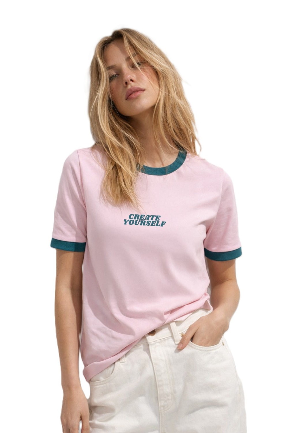T-SHIRT DAMSKI CFREATE YOURSELF Z LAMÓWKĄ RÓŻOWY PETROLOWY BOPOCO