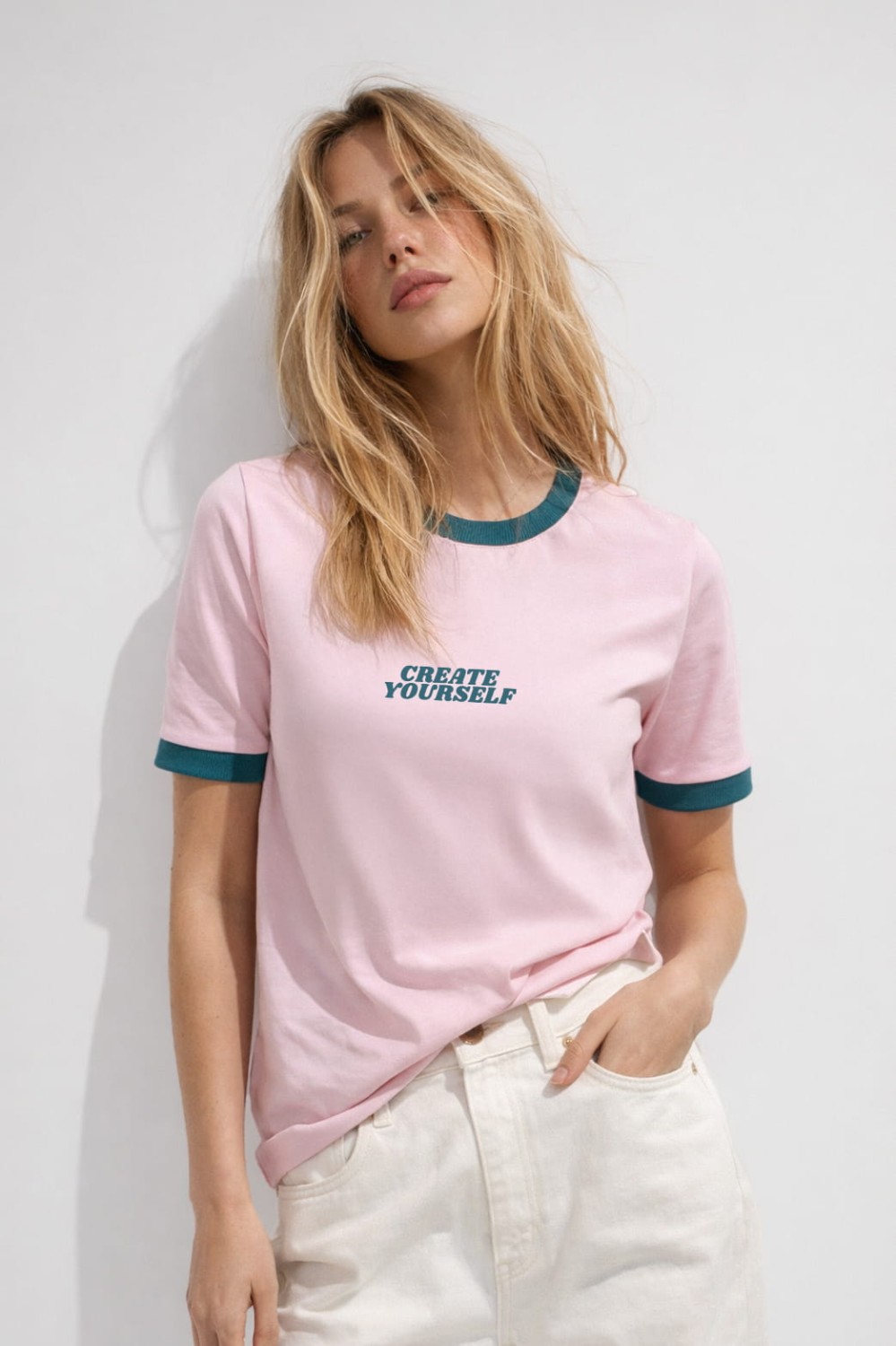 T-SHIRT DAMSKI CFREATE YOURSELF Z LAMÓWKĄ RÓŻOWY PETROLOWY BOPOCO