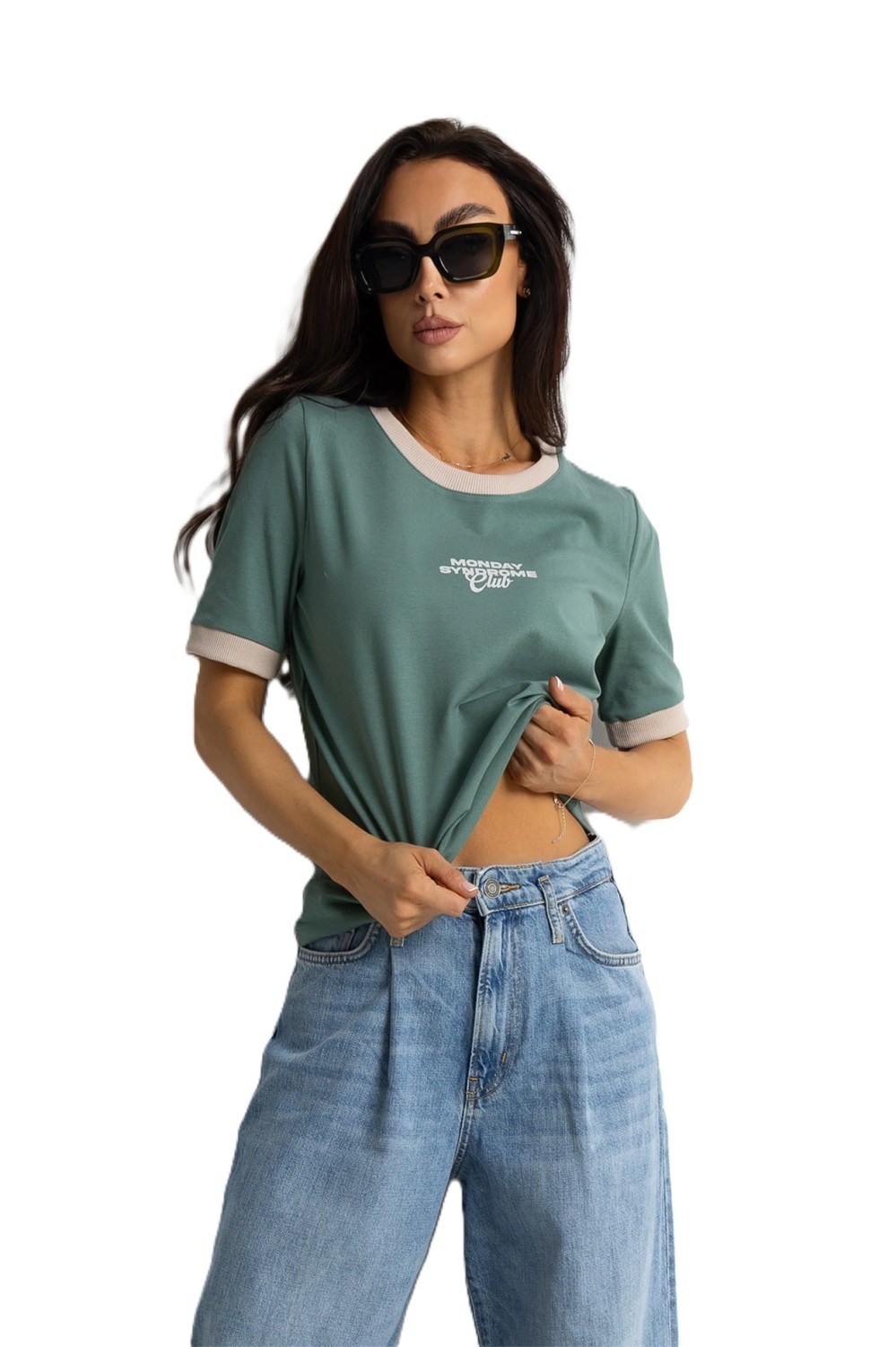 T-SHIRT DAMSKI MONDAY Z LAMÓWKĄ ZIELONY BEŻOWY BOPOCO