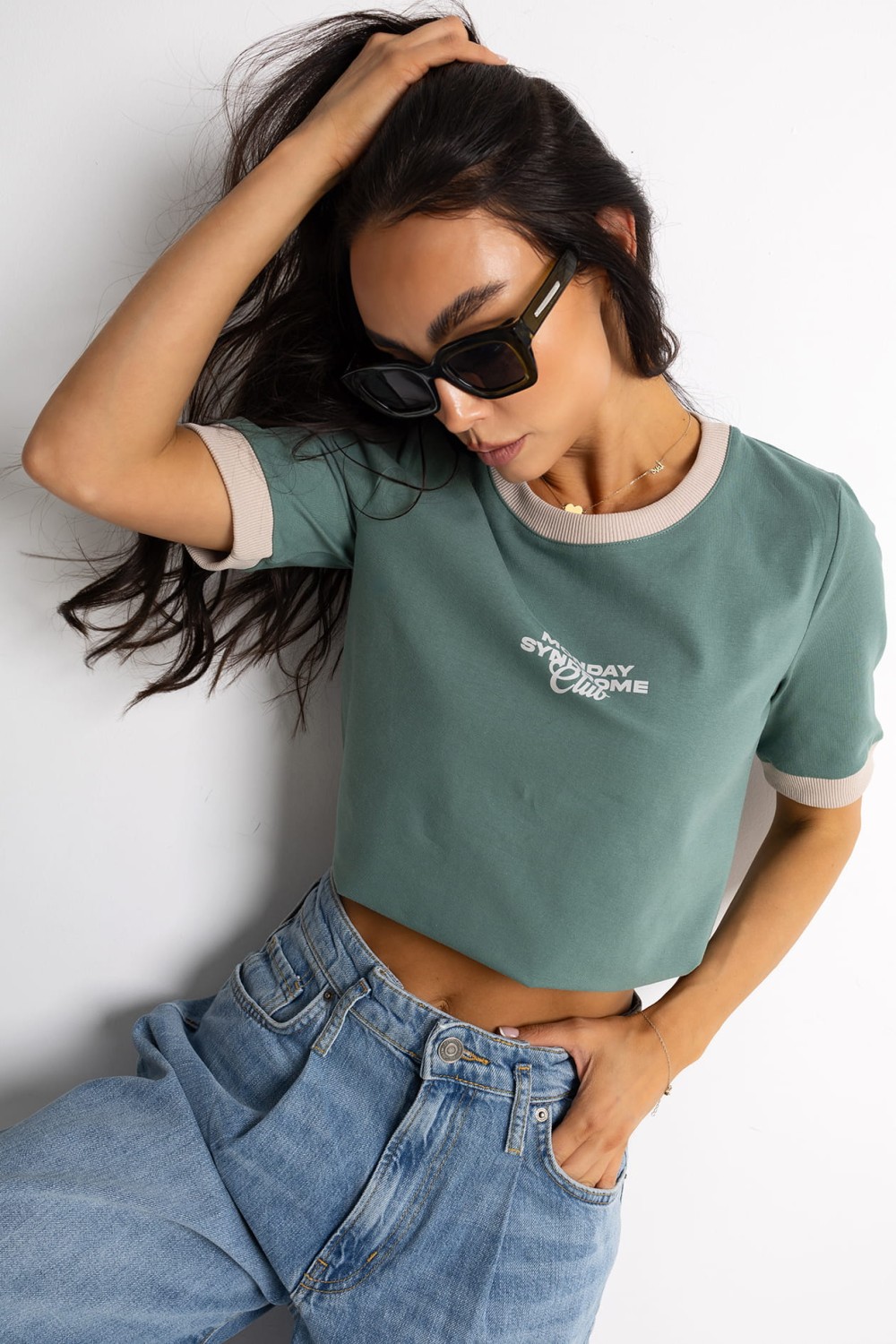 T-SHIRT DAMSKI MONDAY Z LAMÓWKĄ ZIELONY BEŻOWY BOPOCO