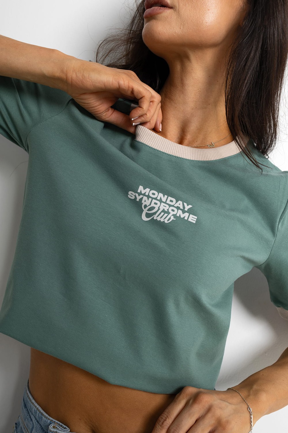 T-SHIRT DAMSKI MONDAY Z LAMÓWKĄ ZIELONY BEŻOWY BOPOCO