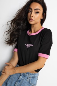 T-shirt damski monday z lamówką czarny różowy Bopoco  