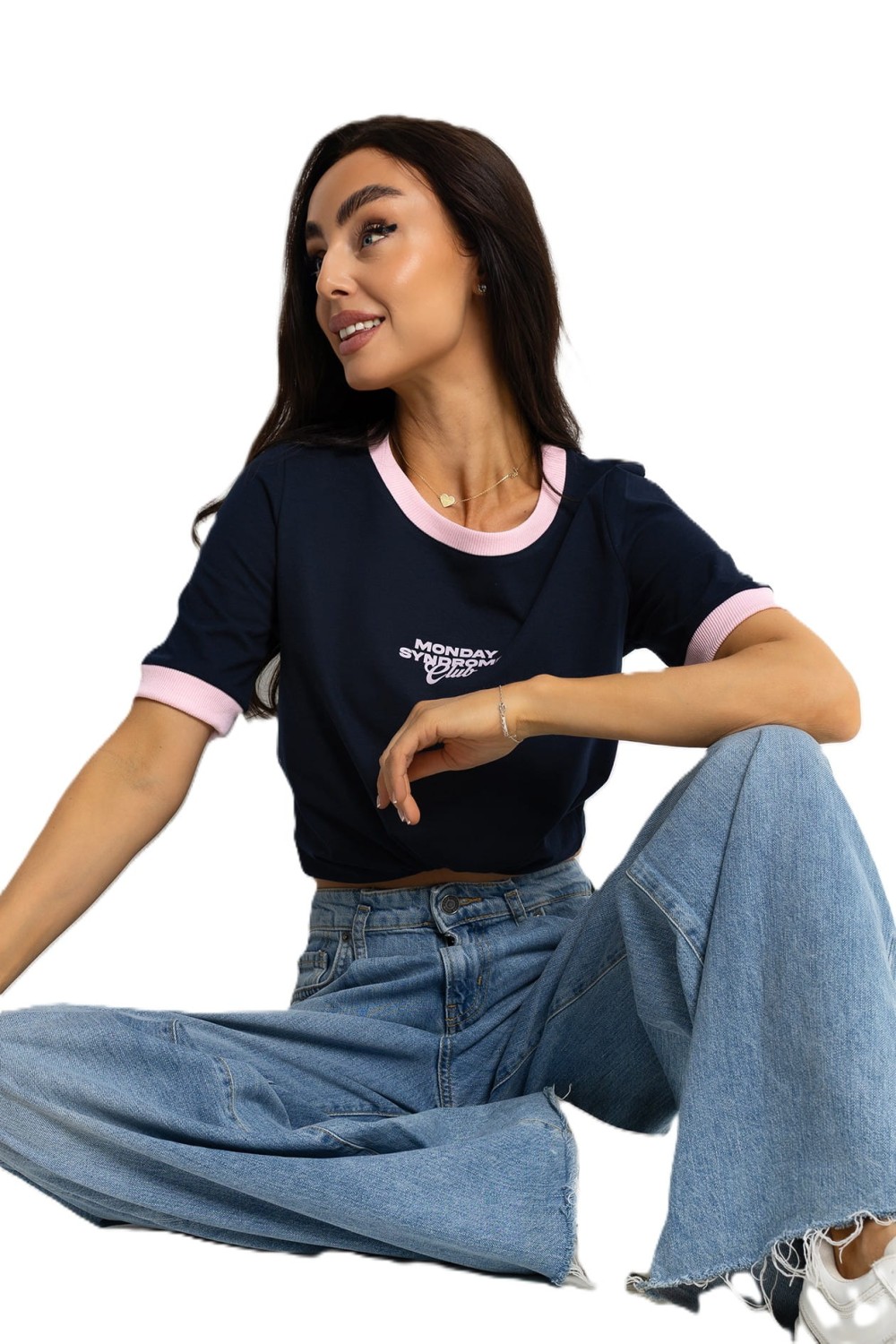 T-SHIRT DAMSKI MONDAY Z LAMÓWKĄ GRANATOWY RÓŻOWY BOPOCO
