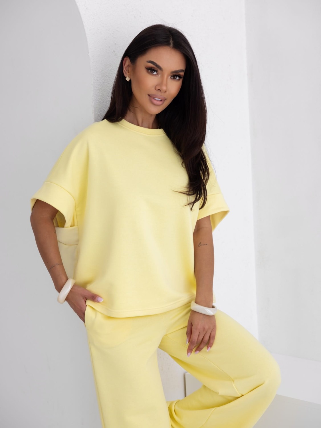 ME GUSTA KOMPLET DRES DAMSKI SZEROKIE SPODNIE I LUŹNA BLUZA ŻÓŁTY