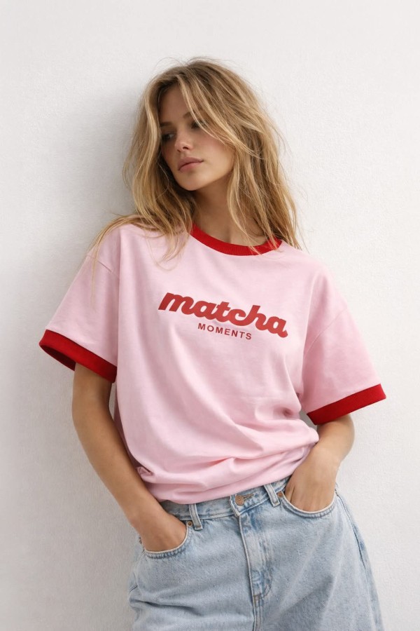 BOPOCO T-SHIRT DAMSKI RÓŻOWY CZERWONY Z NADRUKIEM MODNA KOSZULKA BAWEŁNIANA