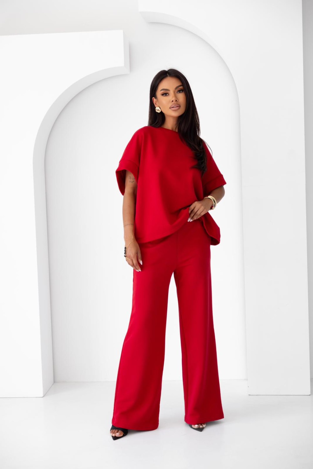KOMPLET DRES DAMSKI SZEROKIE SPODNIE I LUŹNA BLUZA CZERWONY ME GUSTA