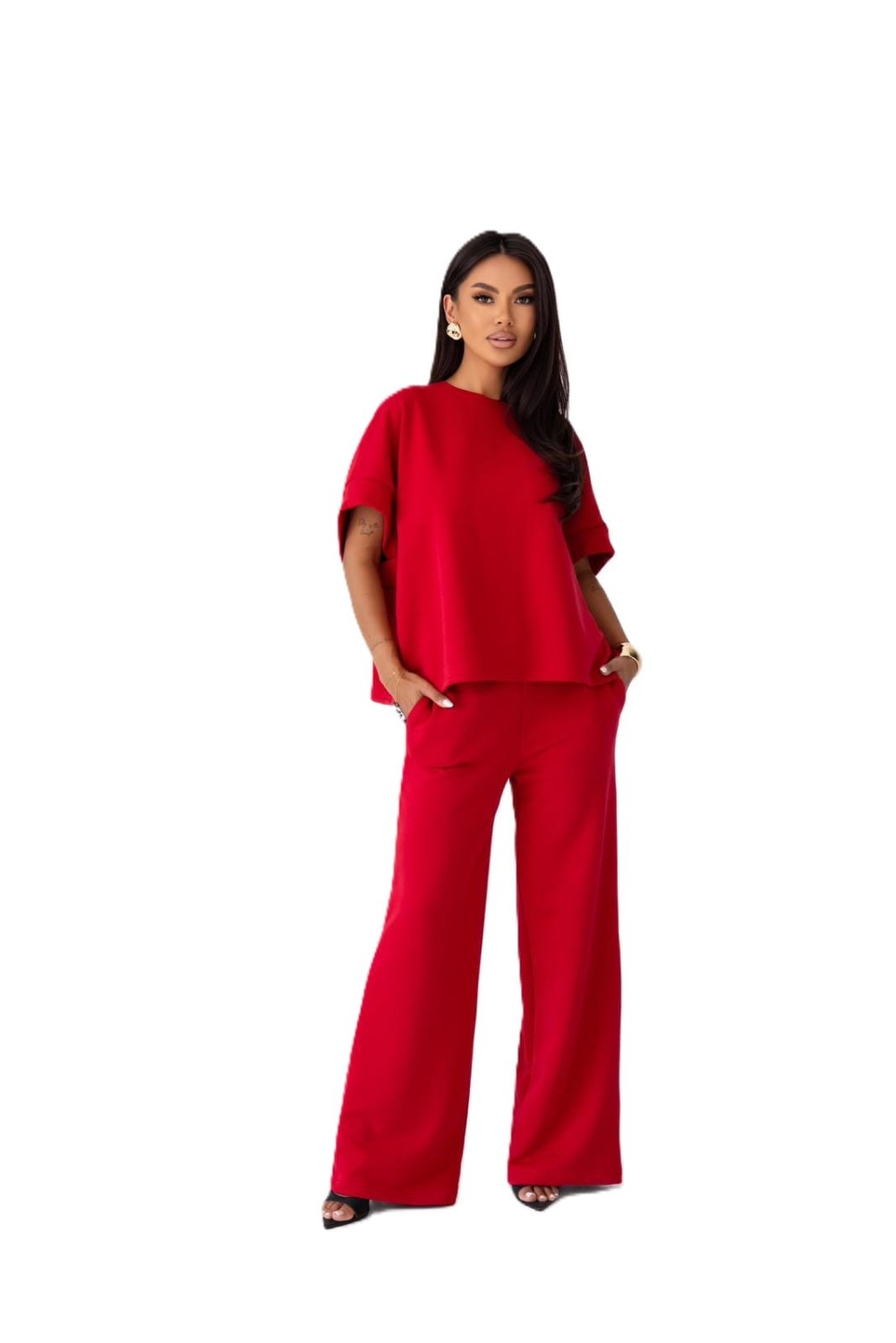 KOMPLET DRES DAMSKI SZEROKIE SPODNIE I LUŹNA BLUZA CZERWONY ME GUSTA
