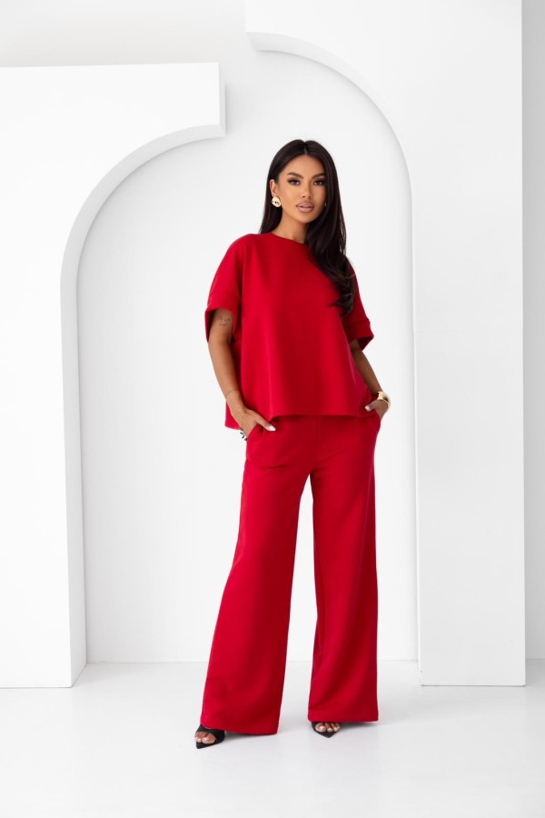 KOMPLET DRES DAMSKI SZEROKIE SPODNIE I LUŹNA BLUZA CZERWONY ME GUSTA