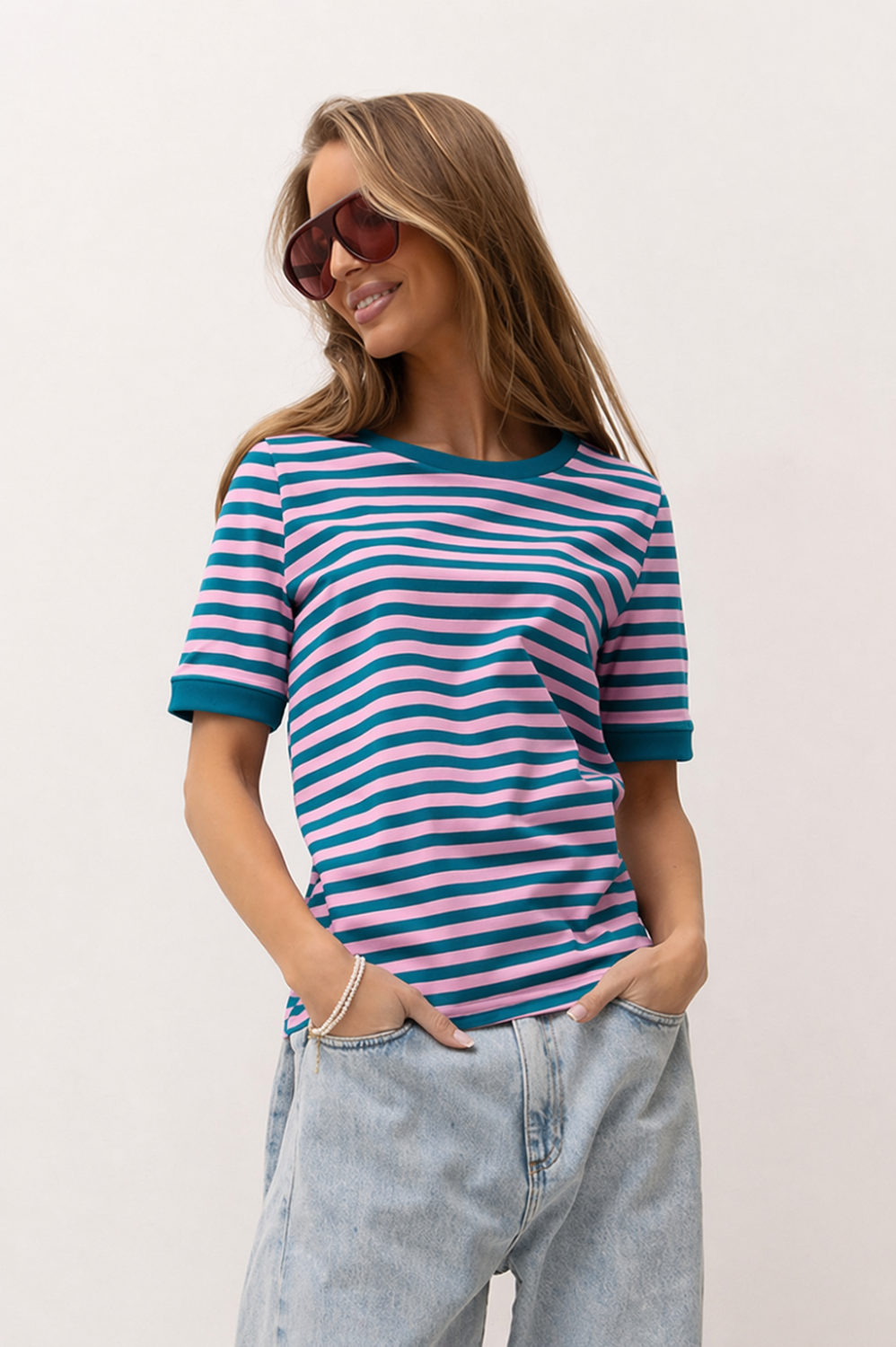 T-shirt damski w paski petrolowy różowy Bopoco