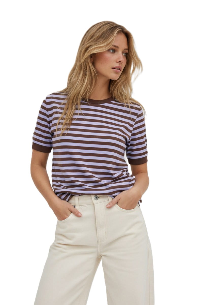 T-SHIRT DAMSKI W PASKI BRAZOWY FIOLETOWY BOPOCO