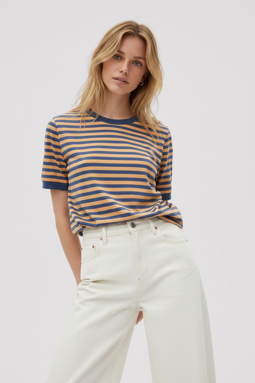 T-SHIRT DAMSKI W PASKI JEANSOWY MIODOWY BOPOCO