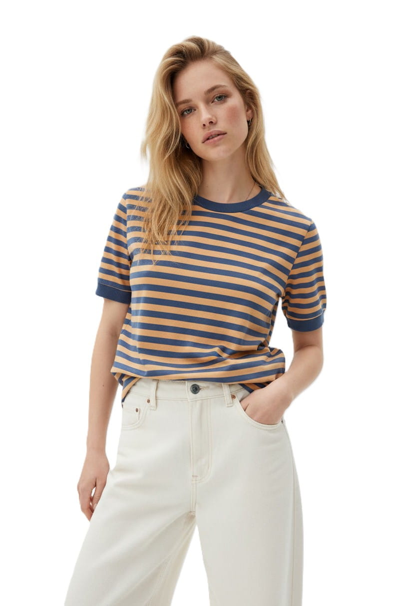 T-SHIRT DAMSKI W PASKI JEANSOWY MIODOWY BOPOCO