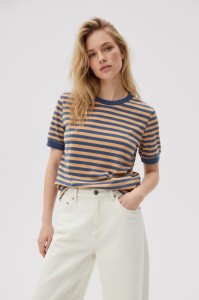 T-shirt damski w paski jeansowy miodowy Bopoco     