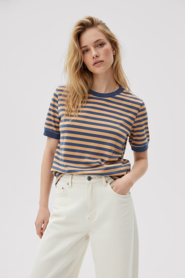 T-SHIRT DAMSKI W PASKI JEANSOWY MIODOWY BOPOCO