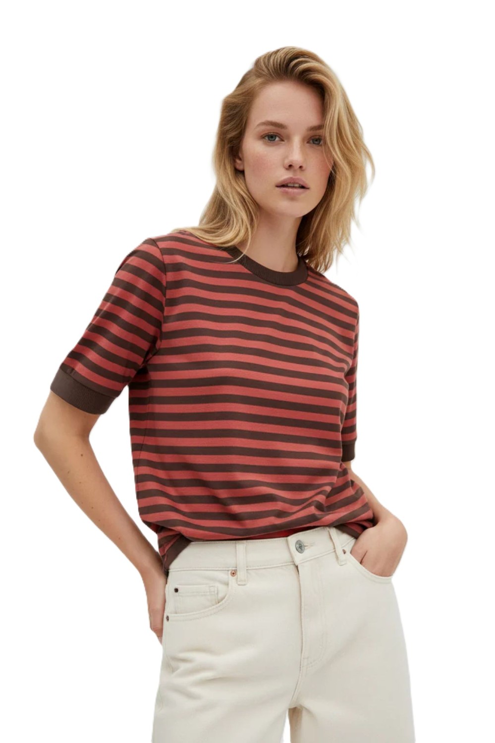 T-SHIRT DAMSKI W PASKI BRAZOWO-CEGLANY BOPOCO