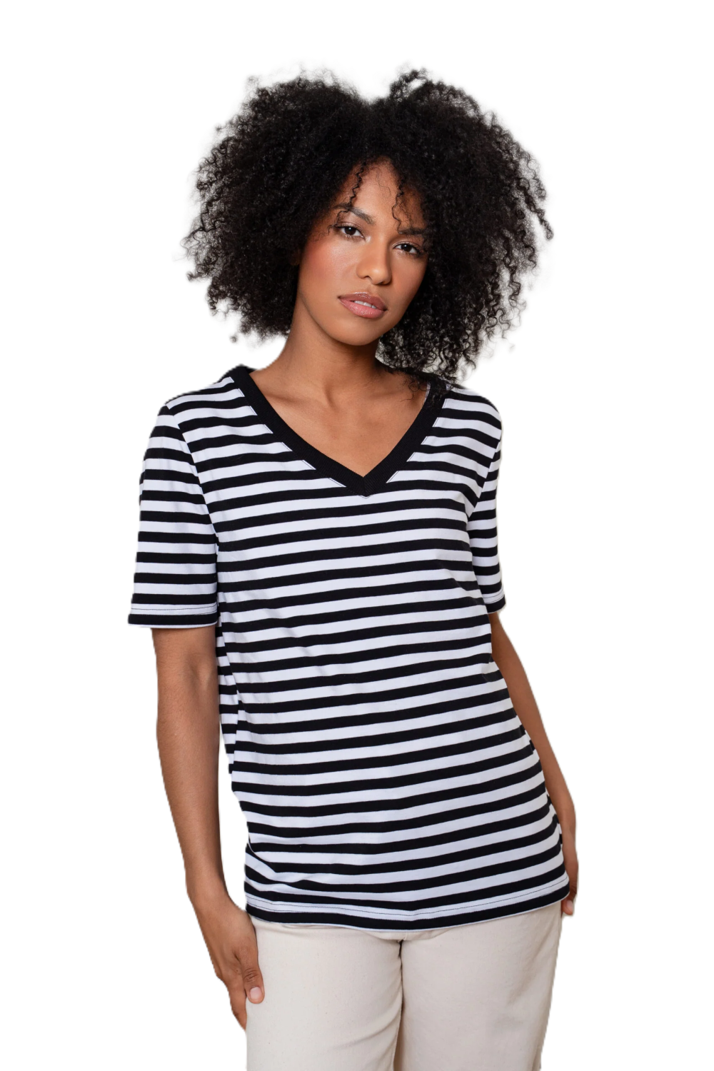 T-SHIRT DAMSKI W PASKI V NECK BIAŁY CZARNY BOPOCO