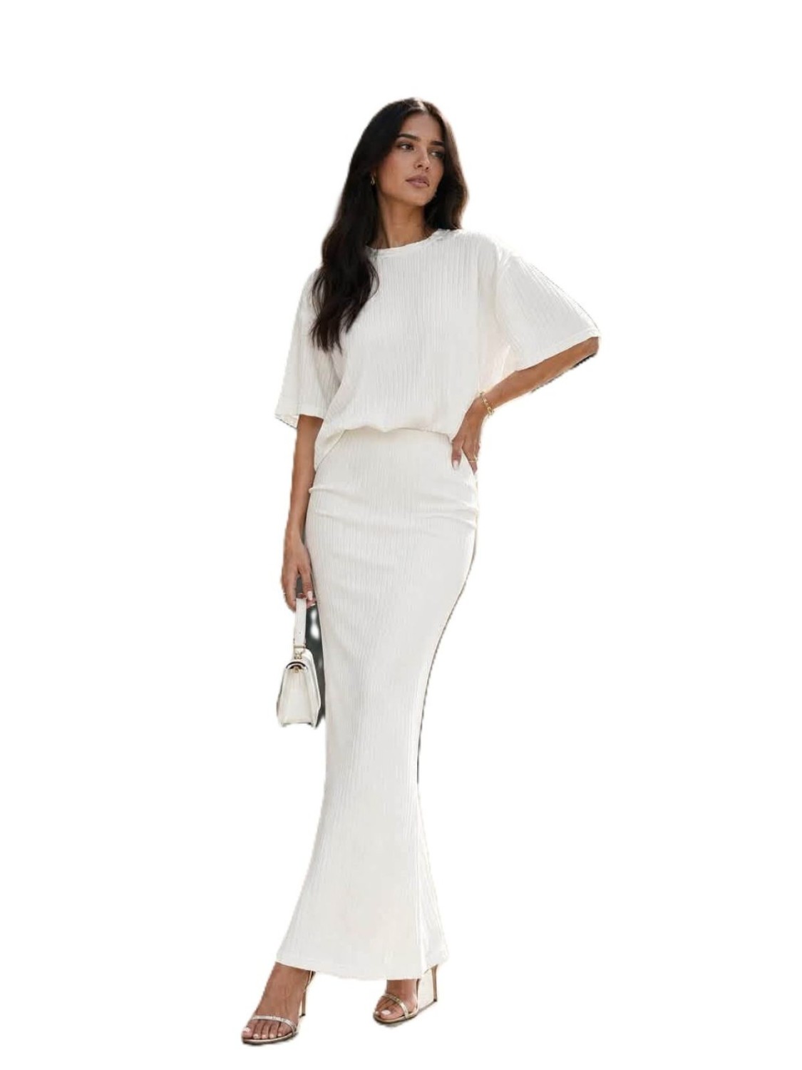 bialy komplet damski dluga spodnica i bluzka lola fashion