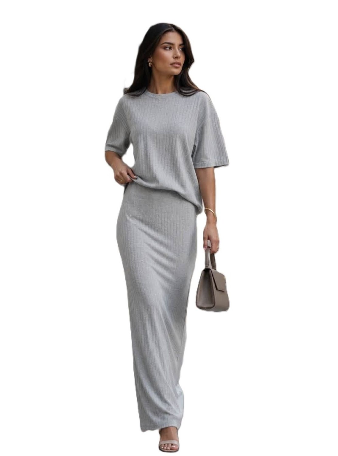 komplet damski spódnica maxi i bluzka szary lola fashion