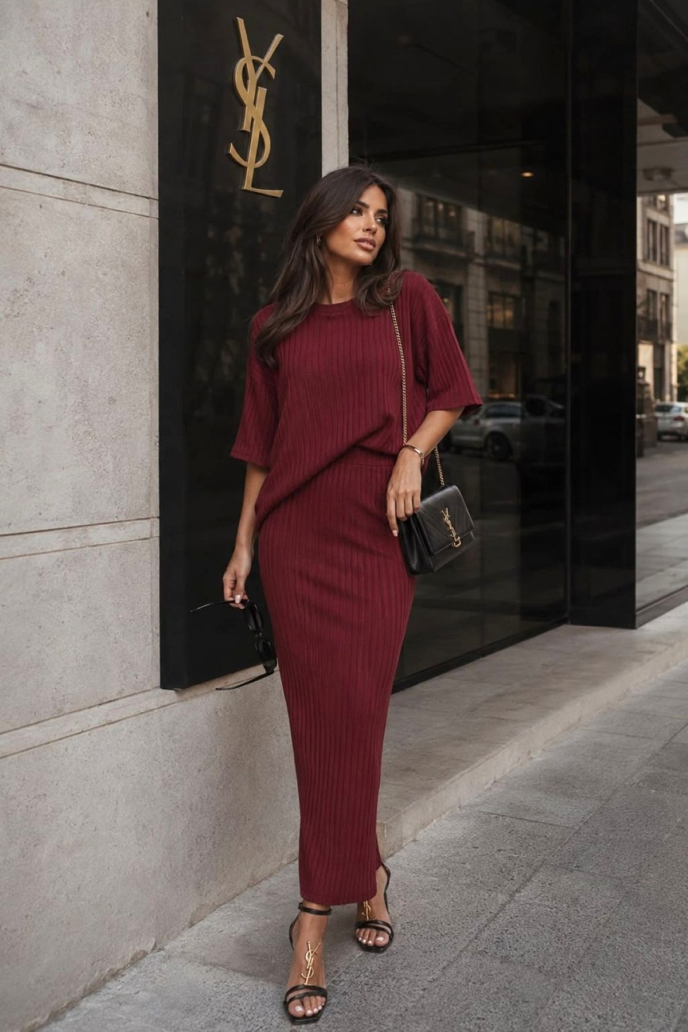 spódnica maxi i bluzka komplet damski bordowy lola fashion