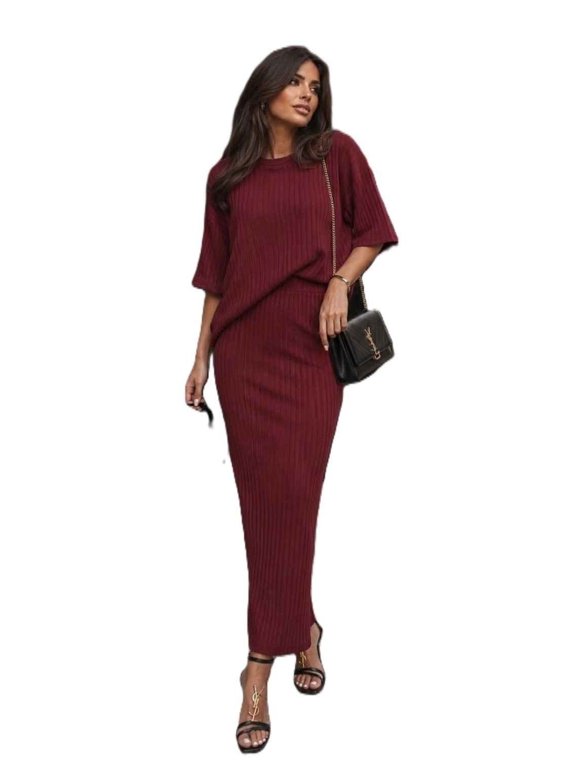 spódnica maxi i bluzka komplet damski bordowy lola fashion