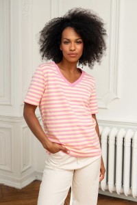 T-shirt damski w paski V neck różowy żółty Bopoco     