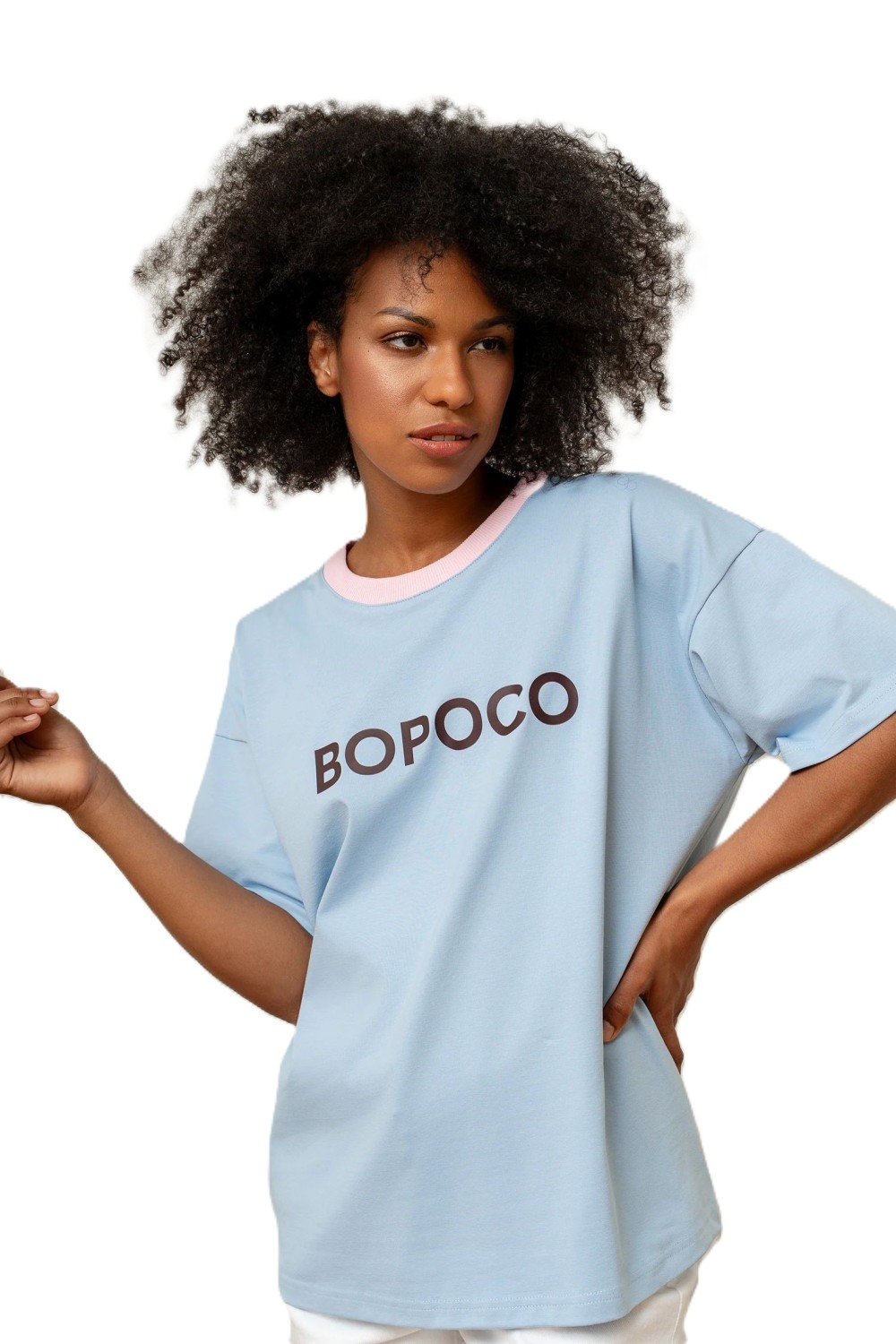 t-shirt damski bopoco błękitny z różową lamówką