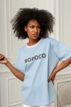 T-SHIRT DAMSKI BOPOCO BŁĘKITNY Z RÓŻOWĄ LAMÓWKĄ