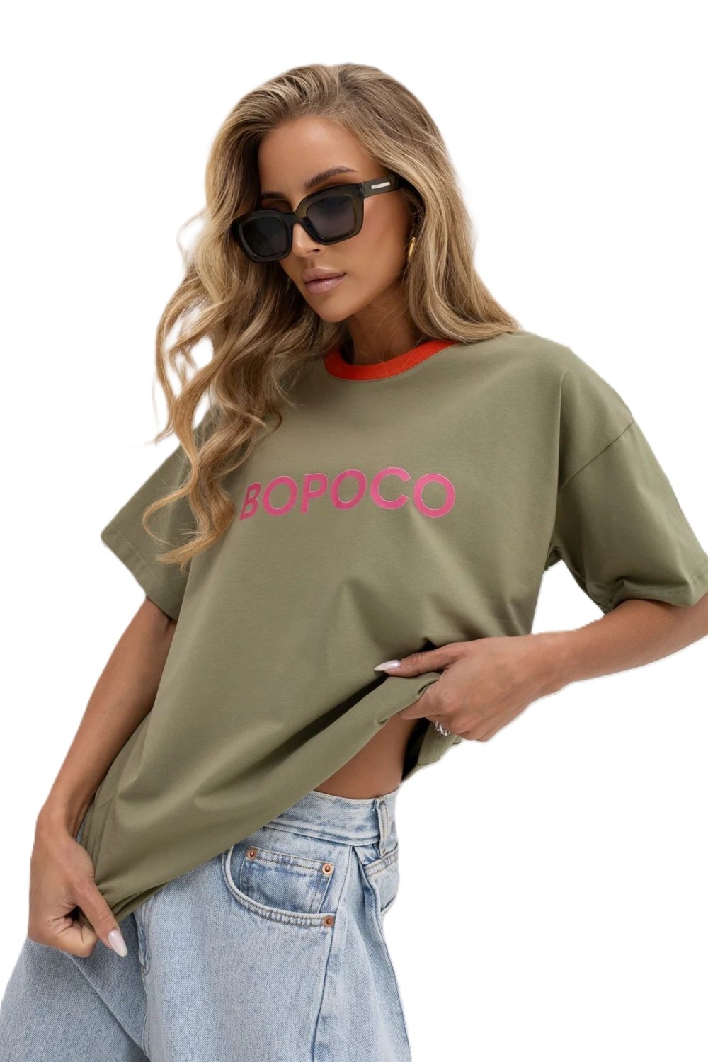 t-shirt damski bopoco oliwkowy z pomarańczową lamówką