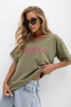 T-SHIRT DAMSKI BOPOCO OLIWKOWY Z POMARAŃCZOWĄ LAMÓWKĄ 