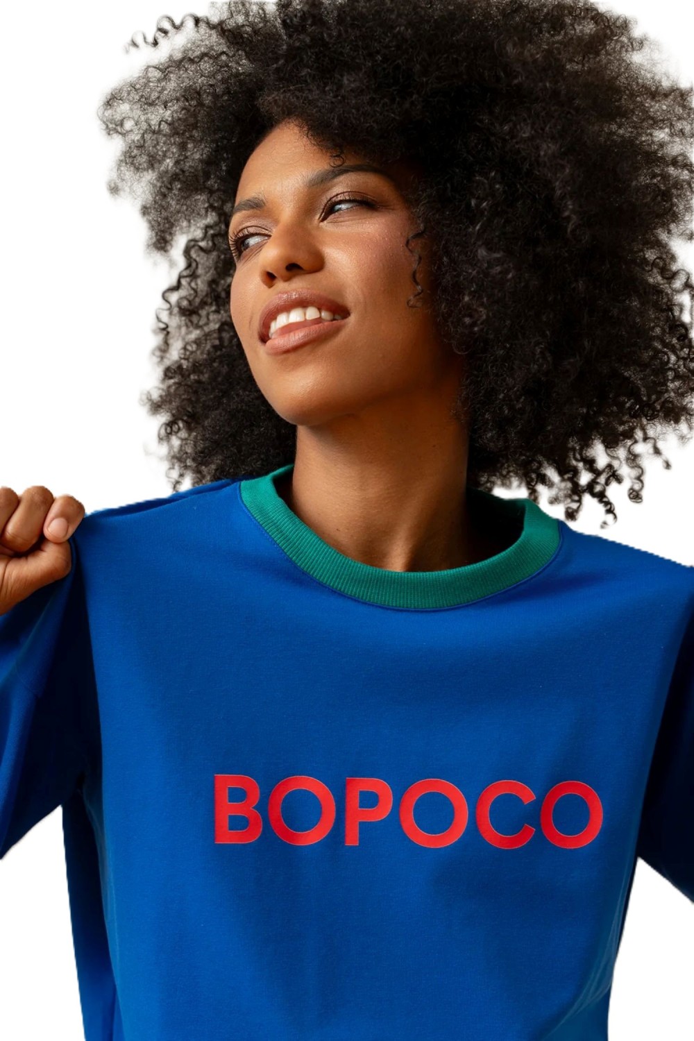 t-shirt damski bopoco chabrowy z zieloną lamówką