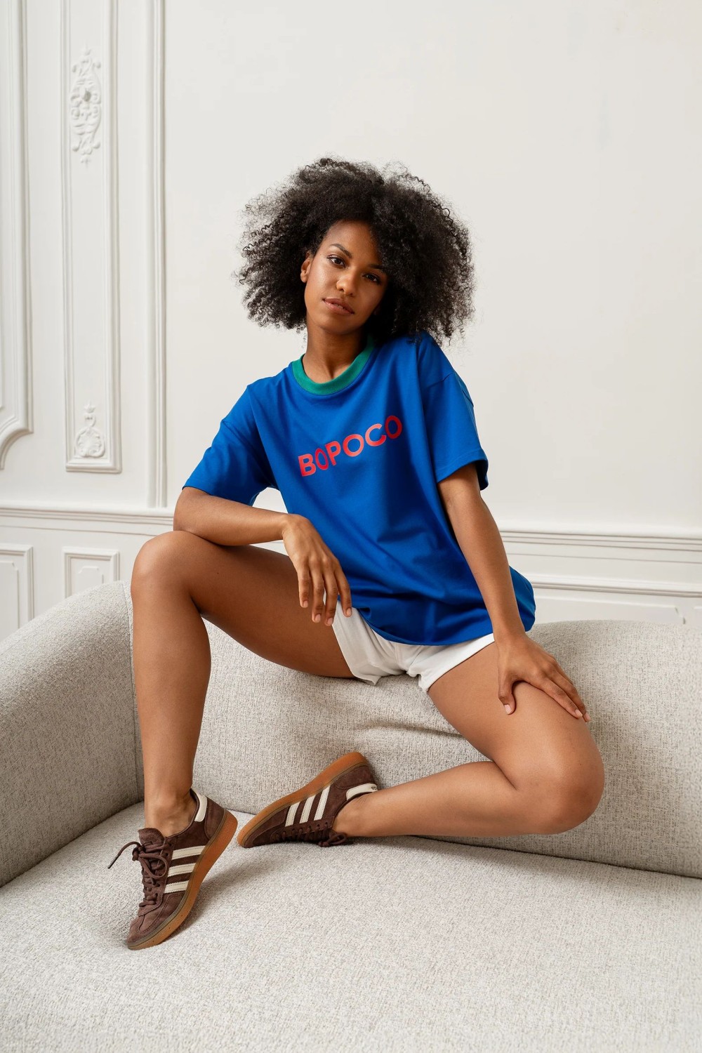 t-shirt damski bopoco chabrowy z zieloną lamówką