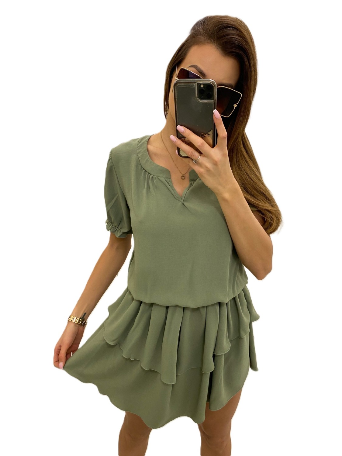 sukienka damska z falbanką khaki tmc moda